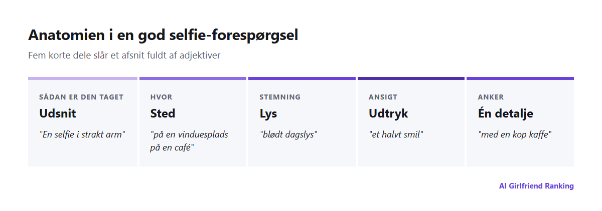 Anatomien i en forespørgsel om en AI-selfie: udsnit, sted, lys, udtryk og én detalje, med et eksempel på hver