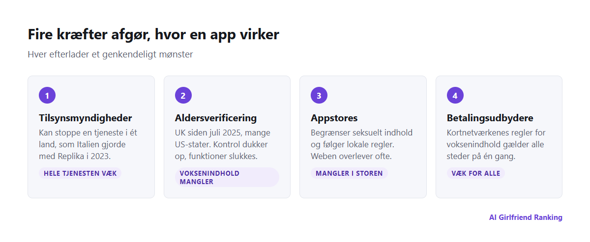 Fire kræfter, der begrænser AI-companion-apps land for land: tilsynsmyndigheder, love om aldersverificering, appstores og betalingsudbydere