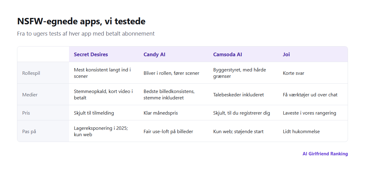 Hvordan de NSFW-egnede apps, vi testede, sammenlignes på rollespilskonsistens, billeder og stemme, bygger og grænser, pris og platform