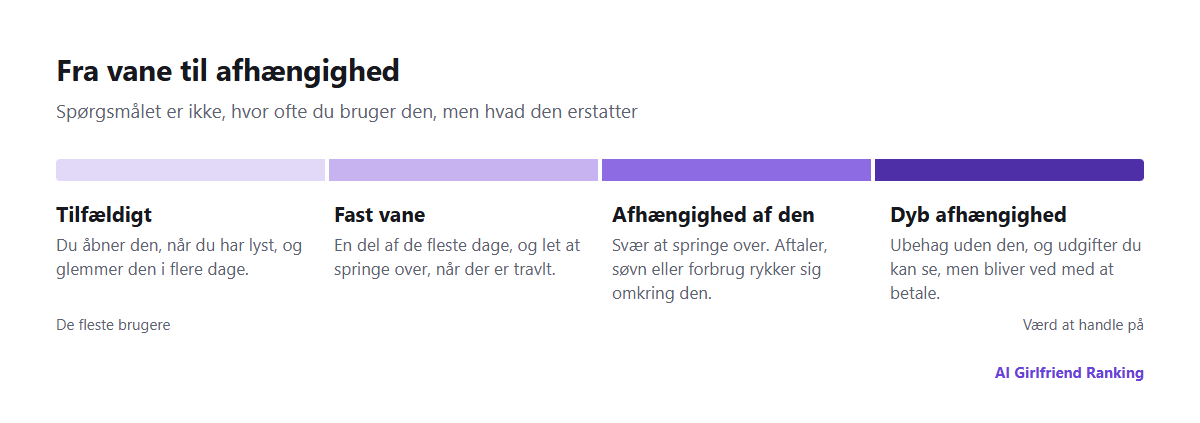 En skala fra tilfældig brug over en fast vane til afhængighed og følelsesmæssig afhængighed med en kort beskrivelse af hvert trin