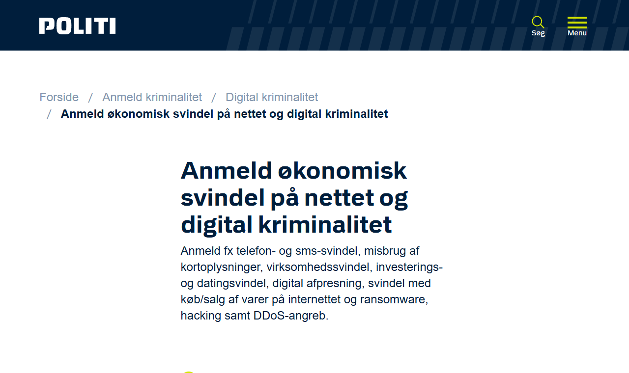 Politiets side til anmeldelse af økonomisk svindel på nettet og digital kriminalitet