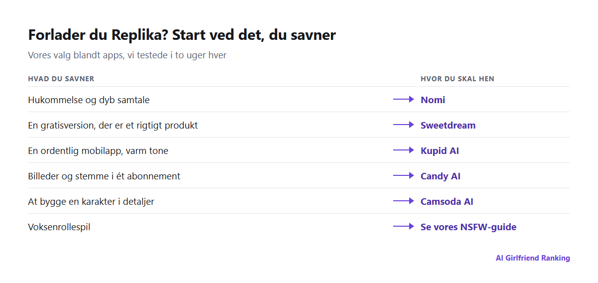 Grunde til, at folk forlader Replika, matchet med det alternativ, vi anbefaler til hver: hukommelse til Nomi, pris til Sweetdream, mobilapp til Kupid AI, billeder og stemme til Candy AI, voksenrollespil til vores NSFW-guide