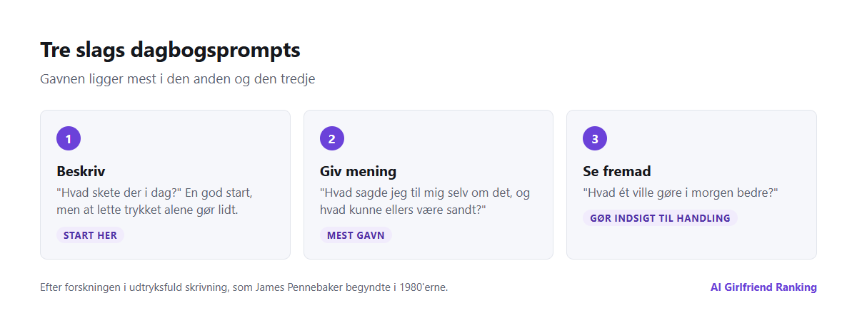 Tre slags dagbogsprompts til en AI-companion: prompts, der beskriver, prompts, der giver begivenheder mening, og prompts, der ser fremad, med et eksempel på hver