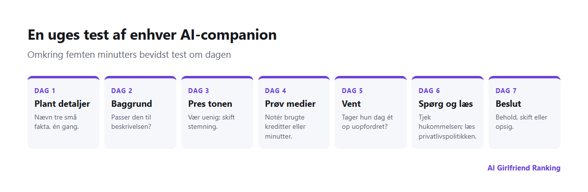 En plan på syv dage til at teste en app med AI-kæreste: plant detaljer, tjek konsistens, test grænser, prøv medier, tjek hukommelse, gennemgå privatliv, beslut