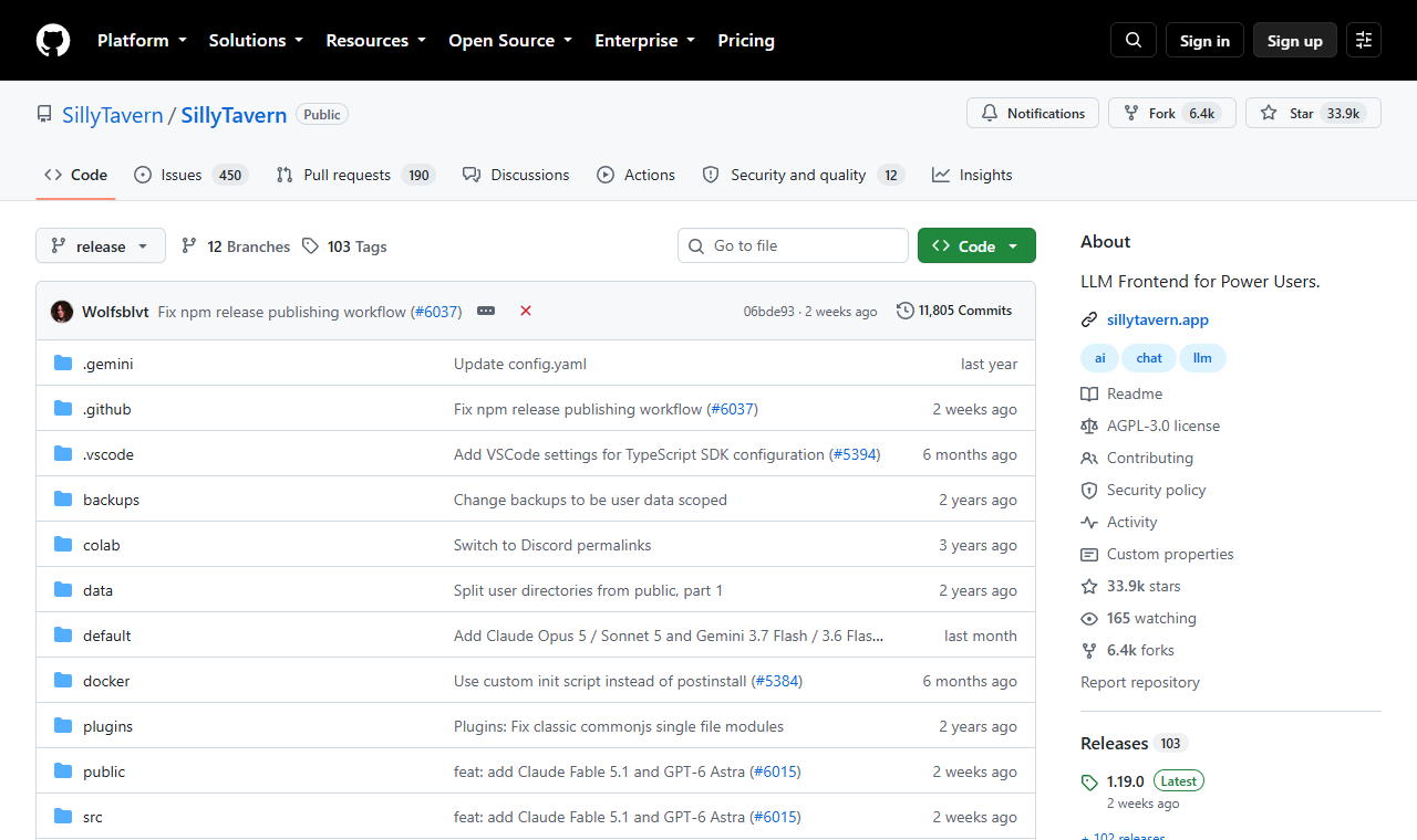 SillyTaverns projektside på GitHub