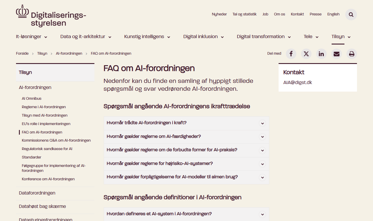 Digitaliseringsstyrelsens side med ofte stillede spørgsmål om AI-forordningen