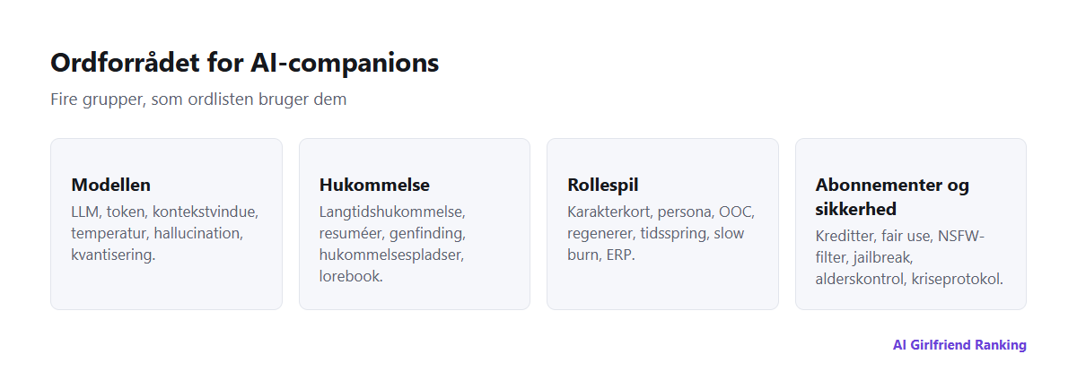 Ordforrådet for AI-companions delt i fire områder: modellen, hukommelse, rollespil samt abonnementer og sikkerhed